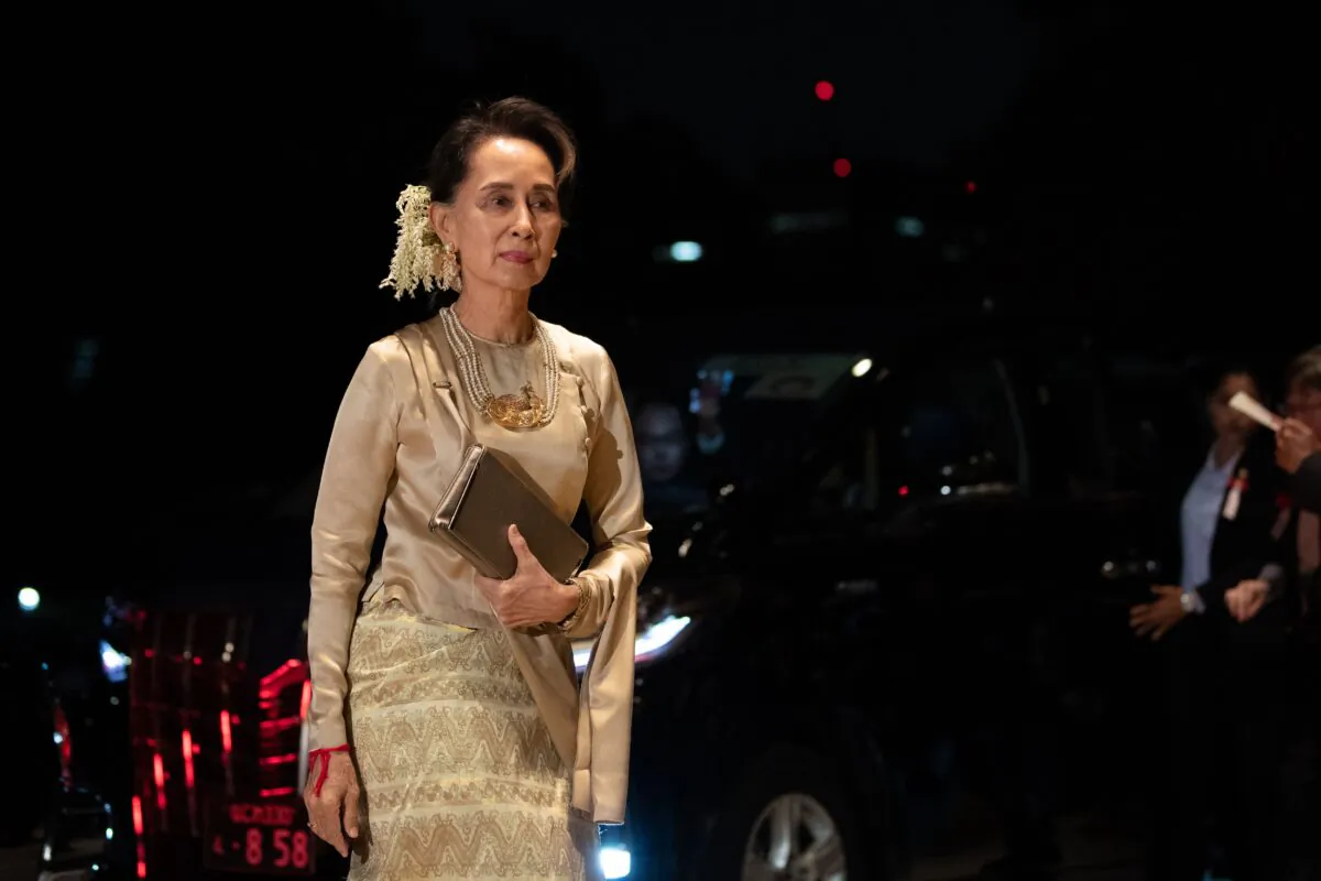 Burma's leader Aung San Suu Kyi arrives at the Imperial Palace for the court banquet in Tokyo, Japan, on Oct. 22, 2019. (Pierre Emmanuel Deletree/POOL/AFP via Getty Images)