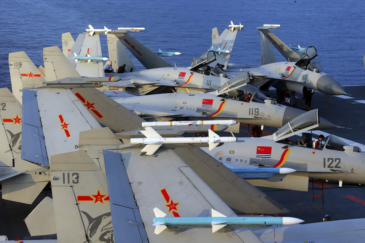 J-15 fighter jets on China's sole operational aircraft carrier, the Liaoning, during a drill in the East China Sea in April 2018. (AFP via Getty Images)