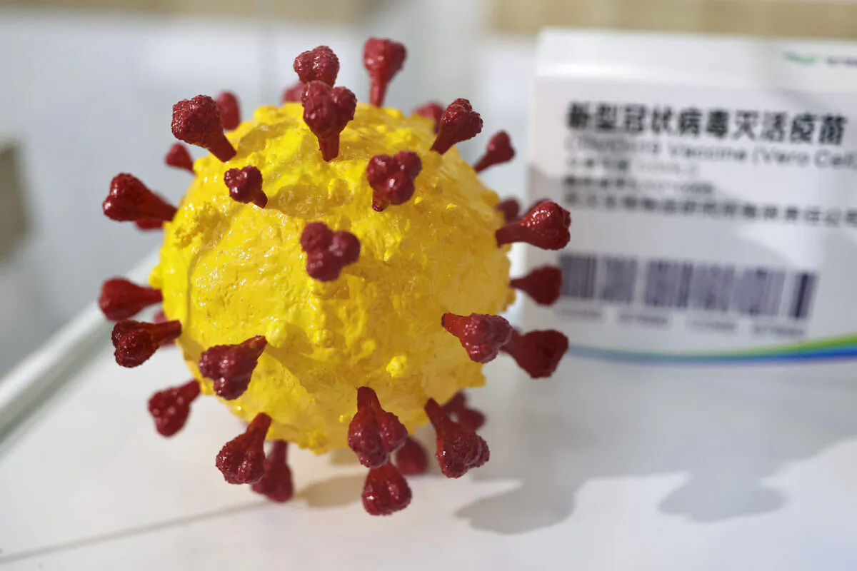 A display model of coronavirus during the 3rd World Health Expo held in Wuhan, Hubei Province, China, on April 8, 2021. (Getty Images)