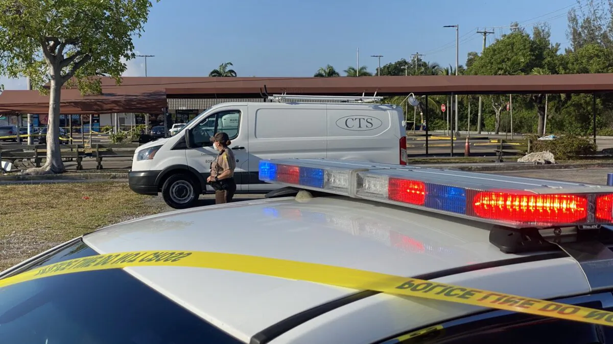Police tape blocks the scene of a shooting near a Billiard's club in the Hialeah area of Miami Dade county, Fla., on May 30, 2021. (Gianrigo Marletta/AFP via Getty Images)