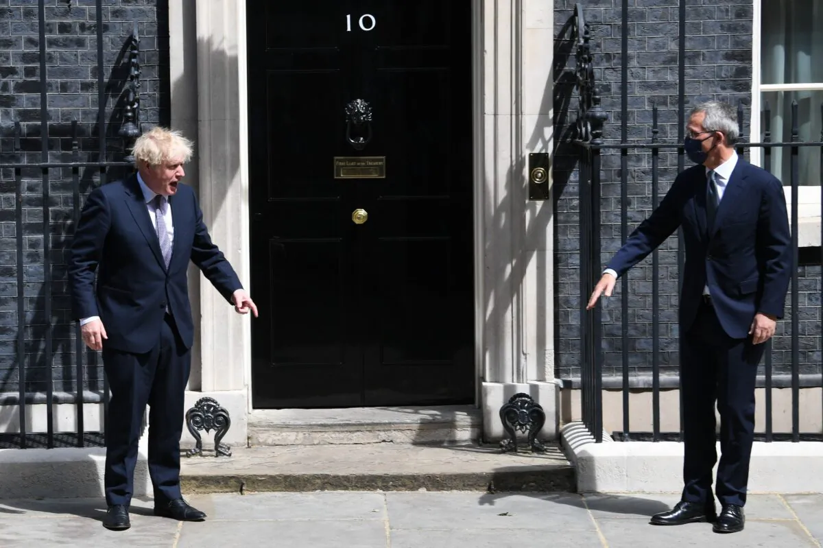 Prime Minister Boris Johnson welcomes NATO secretary-general Jens Stoltenberg to 10 Downing Street, on June 2, 2021. (Stefan Rousseau/PA)