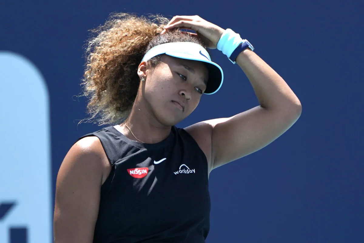 Naomi Osaka, of Japan, reacts during her match against Maria Sakkari, of Greece, in the quarterfinals of the Miami Open tennis tournament in Miami Gardens, Fla., on March 31, 2021. (Lynne Sladky/AP Photo)