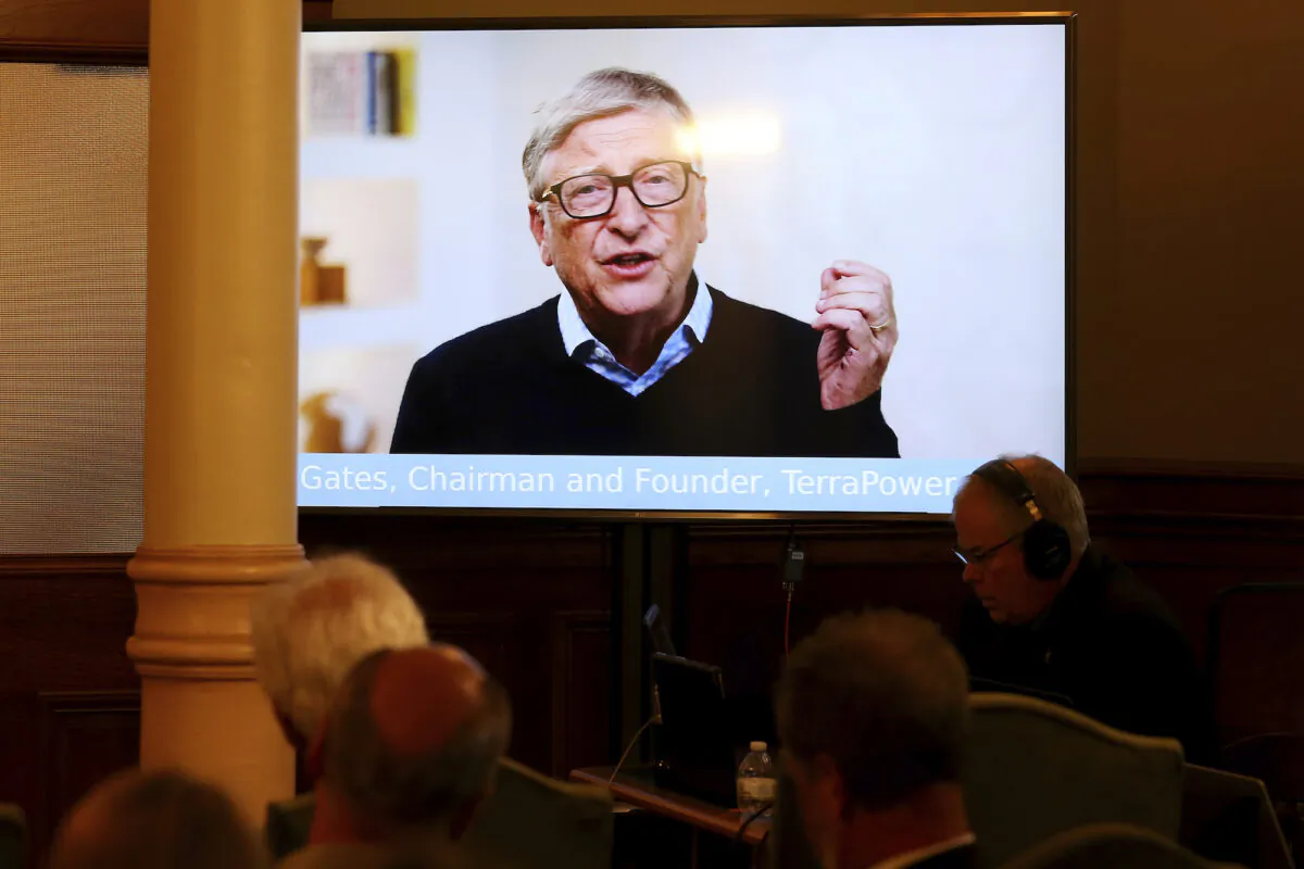 TerraPower Founder and Chairman Bill Gates speaks in a recorded video message at a press conference in Cheyenne, Wyo., on June 2, 2021. (Michael Cummo/The Wyoming Tribune Eagle via AP)