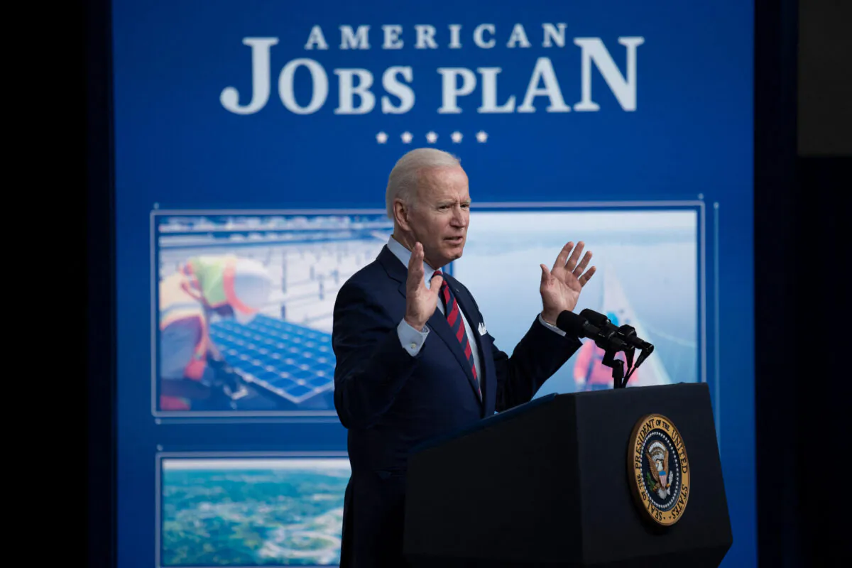 President Joe Biden speaks about infrastructure investment from the Eisenhower Executive Office Building on the White House on April 7, 2021. (Brendan Smialowski/AFP via Getty Images)