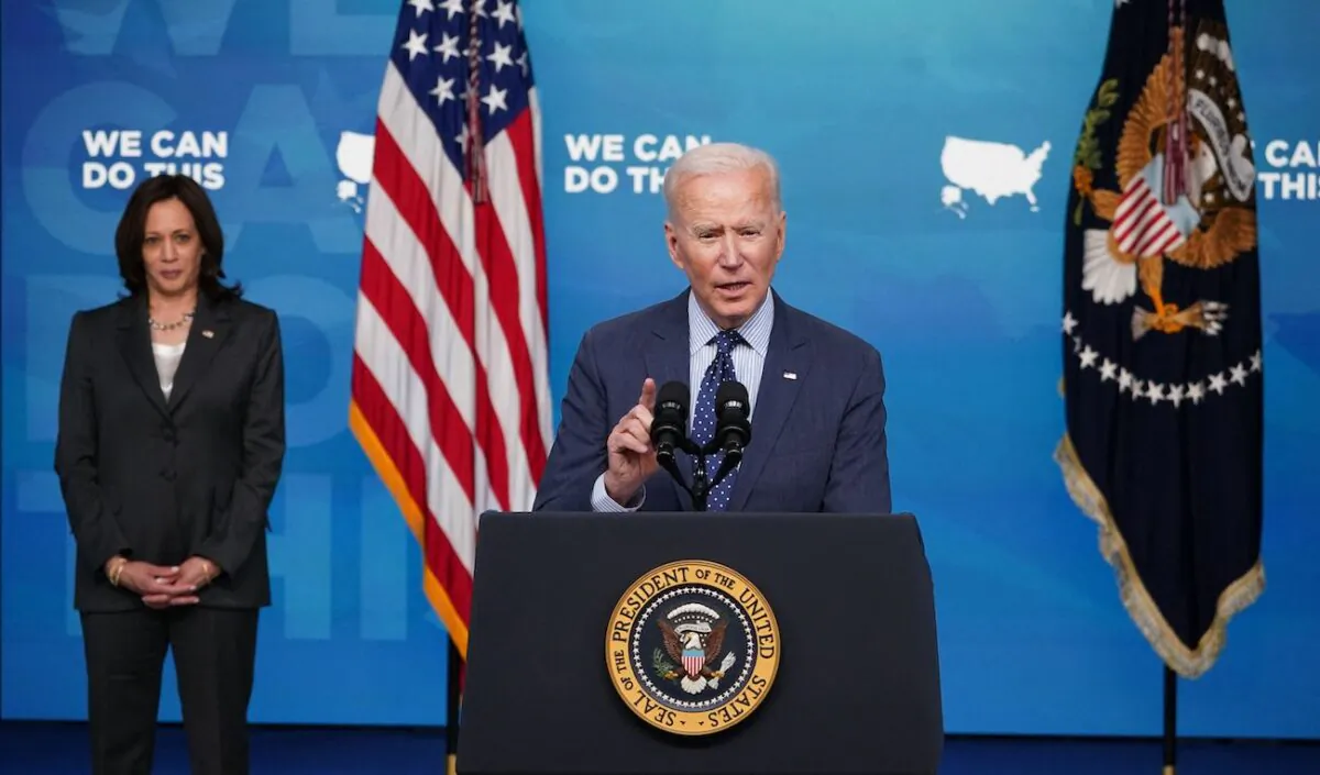 President Joe Biden, with Vice President Kamala Harris, speaks in the South Court Auditorium of the Eisenhower Executive Office Building, next to the White House, in Washington, on June 2, 2021. (Mandel Ngan/AFP via Getty Images)