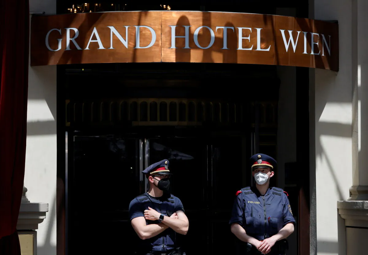 Police stand outside the hotel where a meeting of the Joint Commission of the Joint Comprehensive Plan of Action (JCPOA) is held, in Vienna, Austria, on Jun 2, 2021. (REUTERS/Leonhard Foeger)