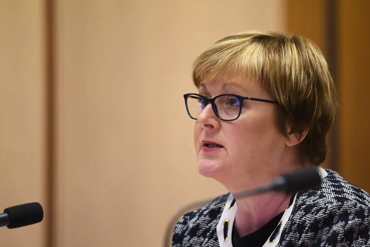 Former Senator Linda Reynolds speaks during a Senate inquiry at Parliament House in Canberra, Australia on May 3, 2021. (AAP Image/Lukas Coch)