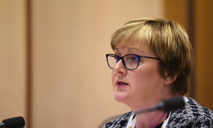 Australian Government Services Minister Linda Reynolds speaks during a Senate inquiry at Parliament House in Canberra, Australia on May 3, 2021. (AAP Image/Lukas Coch)