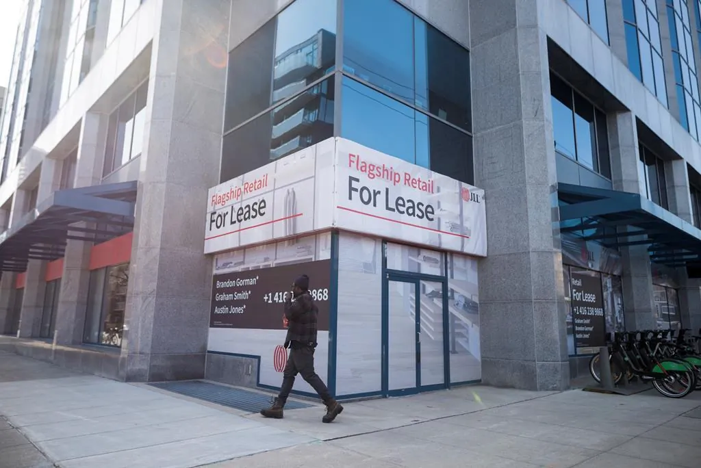 A commercial retail space is advertised for lease along King Street West in Toronto on March 9, 2021. (The Canadian Press/Tijana Martin)