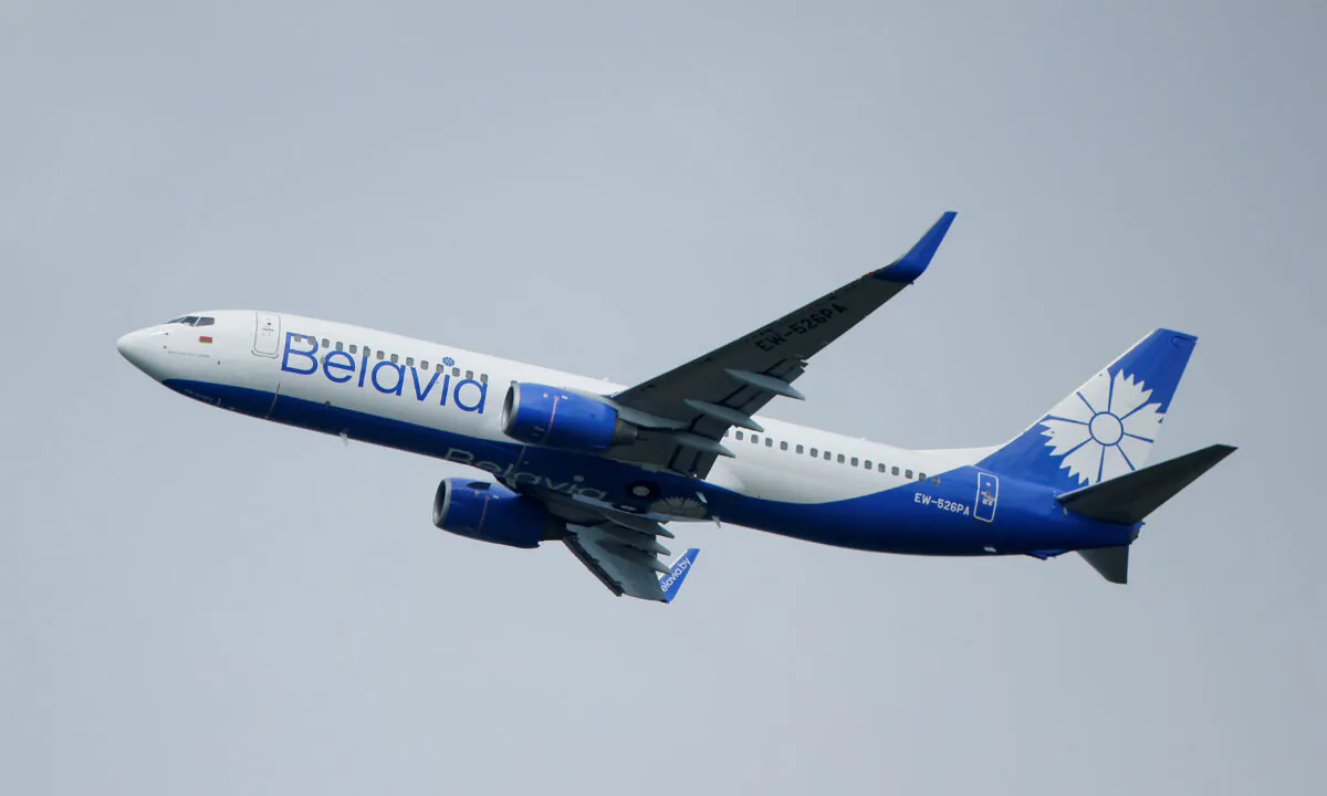 A Boeing 737-800 plane of Belarusian state carrier Belavia takes off at the Domodedovo Airport outside Moscow on May 28, 2021. (Maxim Shemetov/Reuters)