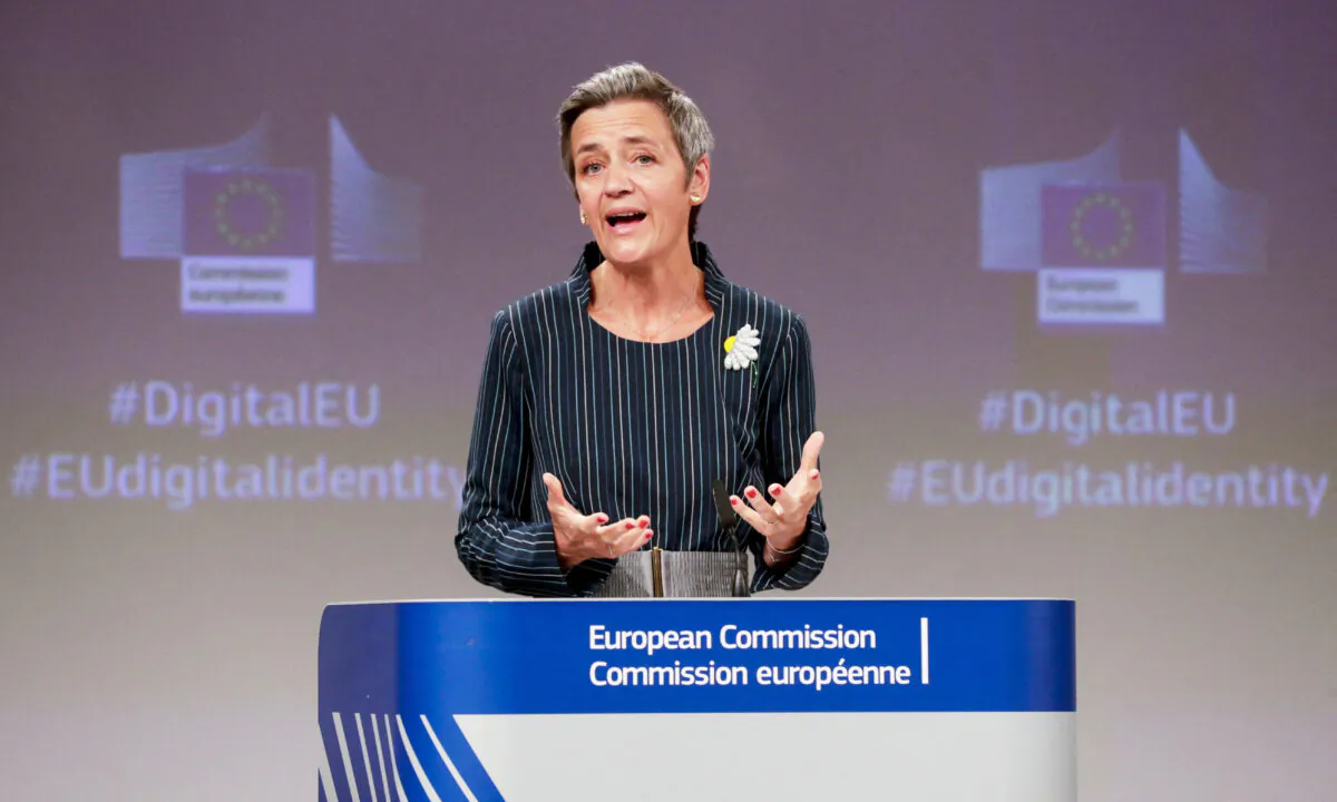 European Commission vice-president in charge of "A Europe fit for the digital age" Margrethe Vestager participates in a press conference on establishing a European Digital Identity Framework at the European Commission in Brussels on June 3, 2021. (Stephanie Lecocq/Pool/AFP via Getty Images)
