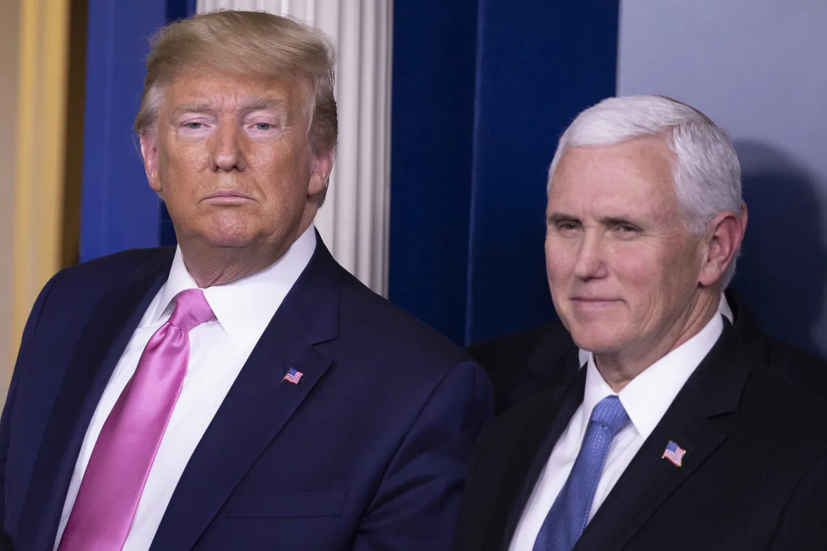 Then-President Donald Trump looks on after a news conference with then-Vice President Mike Pence in the Brady Press Briefing Room at the White House in Washington on Feb. 26, 2020. (Tasos Katopodis/Getty Images)