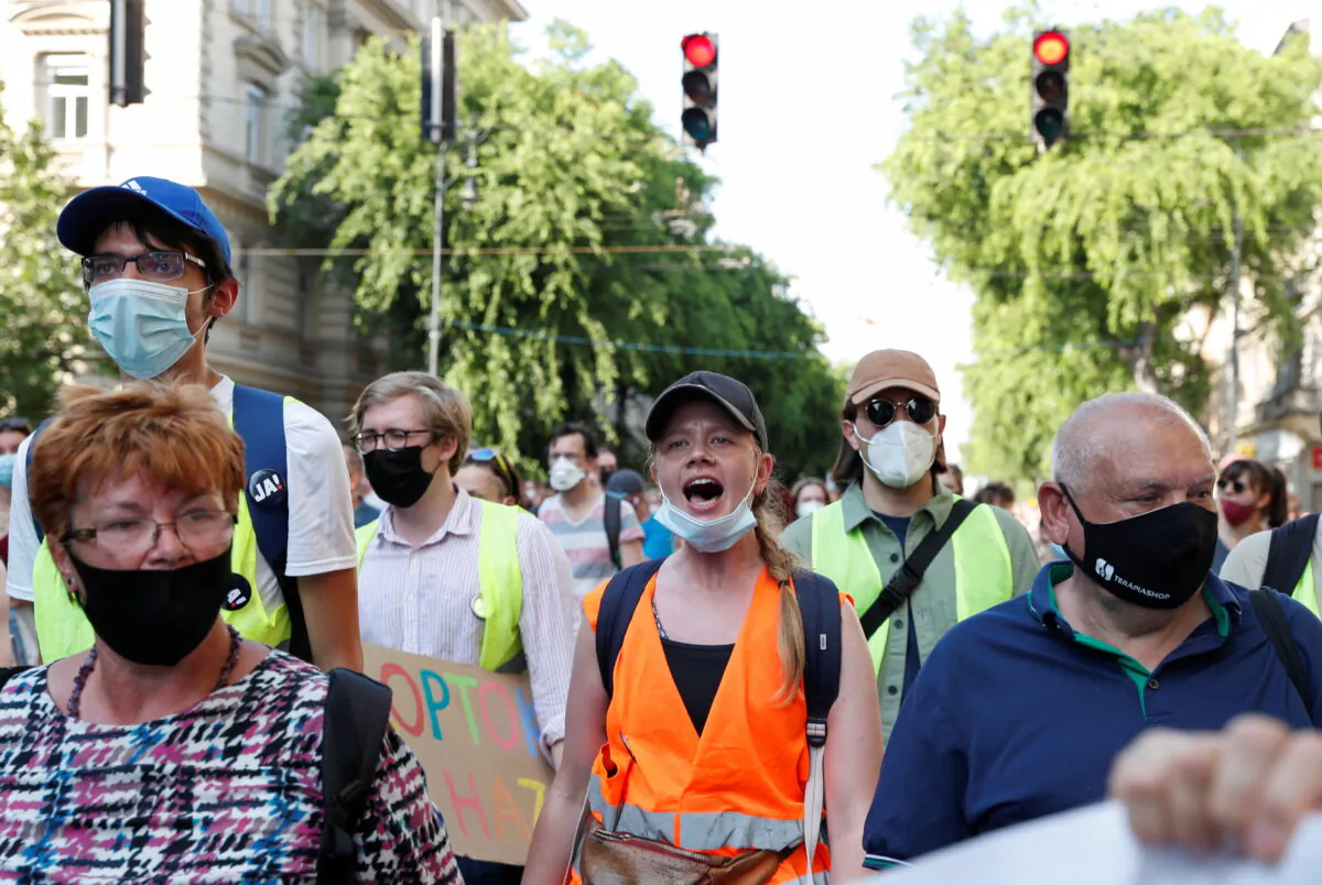Demonstrators protest against the planned Chinese Fudan University campus in Budapest, Hungary, June 5, 2021. (Bernadett Szabo/Reuters)