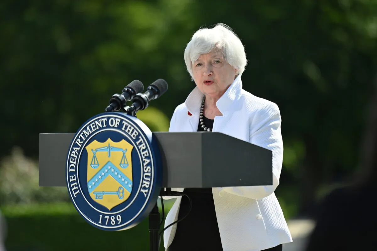 U.S. Treasury Secretary Janet Yellen speaks during a news conference, after attending the G7 finance ministers meeting at Winfield House in London on June 5, 2021. (Justin Tallis/Pool via Reuters)