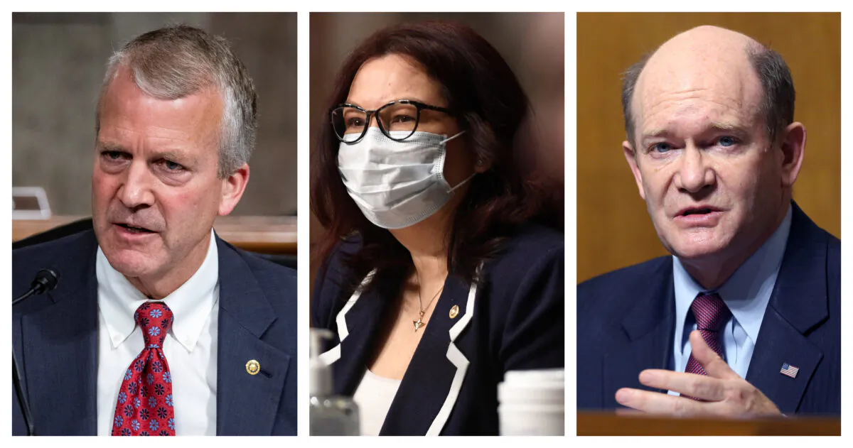 (L-R) Sens. Dan Sullivan (R-Ark.), Tammy Duckworth (D-Ill.), Christopher Coons (D-Del.) in file photos. (Al Drago/File/Pool via Reuters); (Kevin Dietsch/File/Pool via Reuters); (Tasos Katopodis/File/Pool via Reuters)