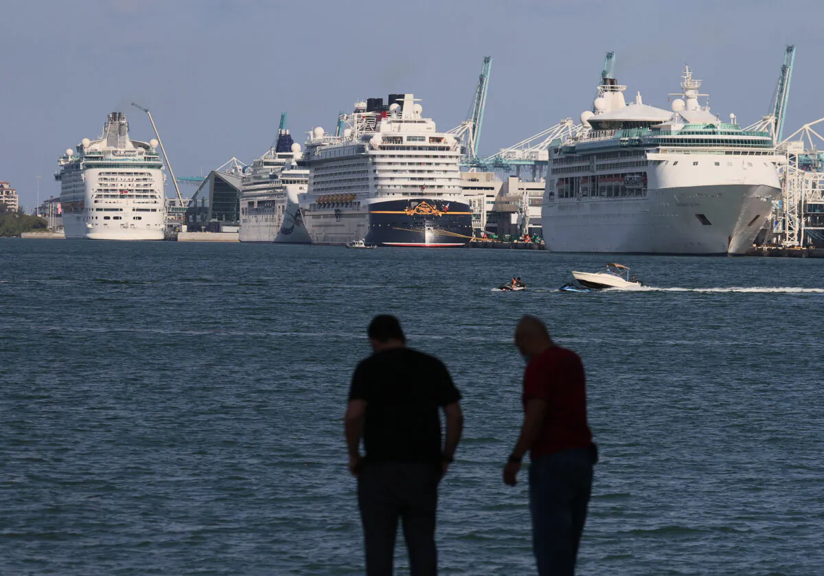 Cruise ships dock at PortMiami as the cruise line industry waits to begin operations again, in Miami on May 26, 2021. (Joe Raedle/Getty Images)
