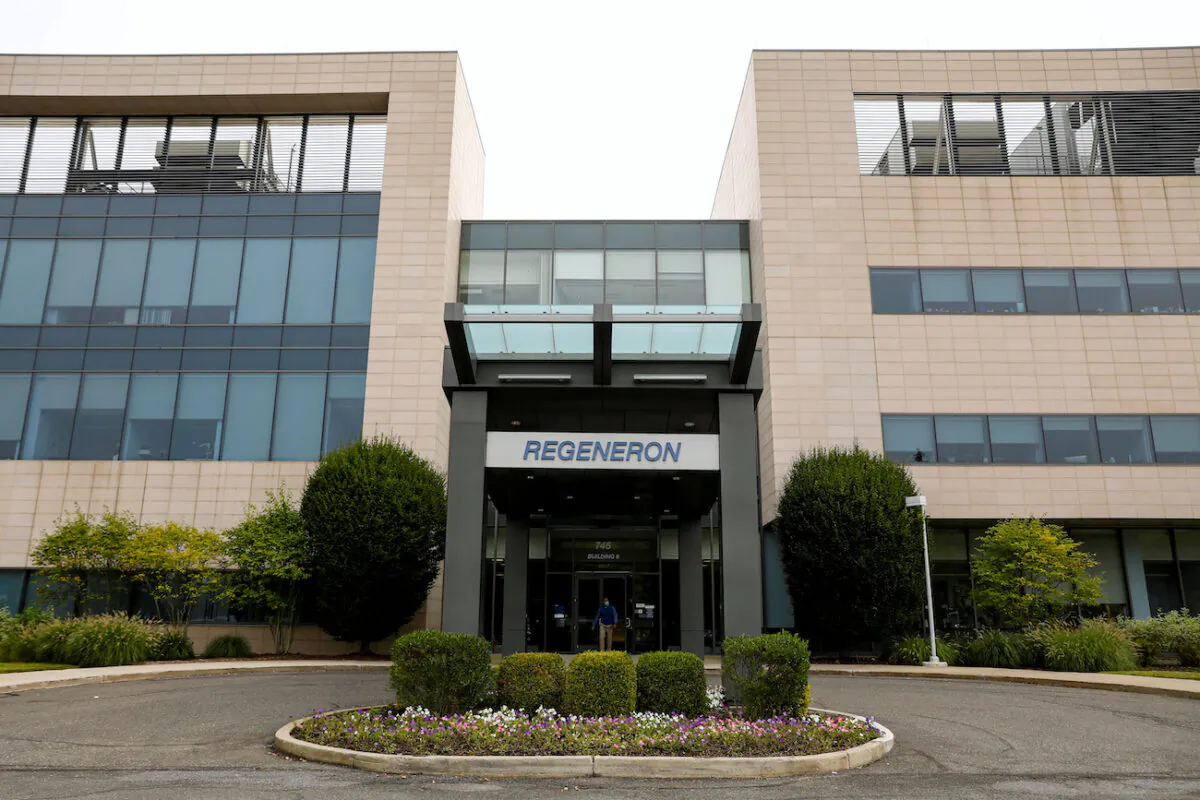 The Regeneron Pharmaceuticals company logo is seen on a building at the company's Westchester campus in Tarrytown, New York, on Sept. 17, 2020. (Brendan McDermid/Reuters)