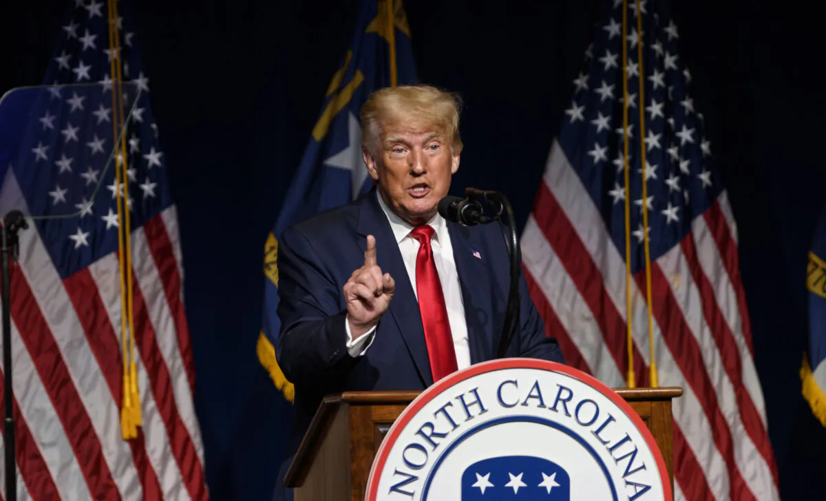 Former President Donald Trump addresses the NCGOP state convention in Greenville, N.C., on June 5, 2021. (Melissa Sue Gerrits/Getty Images)