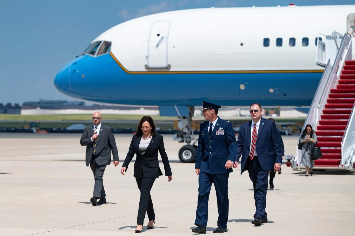 Vice President Kamala Harris walks off Air Force Two at Andrews Air Force Base, Md., on June 6, 2021. (Jim Watson/AFP via Getty Images)