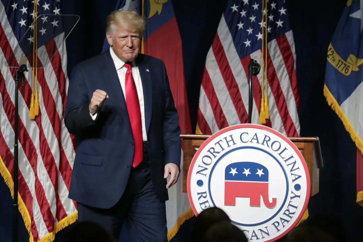 Former President Donald Trump acknowledges the crowd as he speaks at the North Carolina Republican Convention in Greenville, N.C., on June 5, 2021. (Chris Seward/AP Photo)
