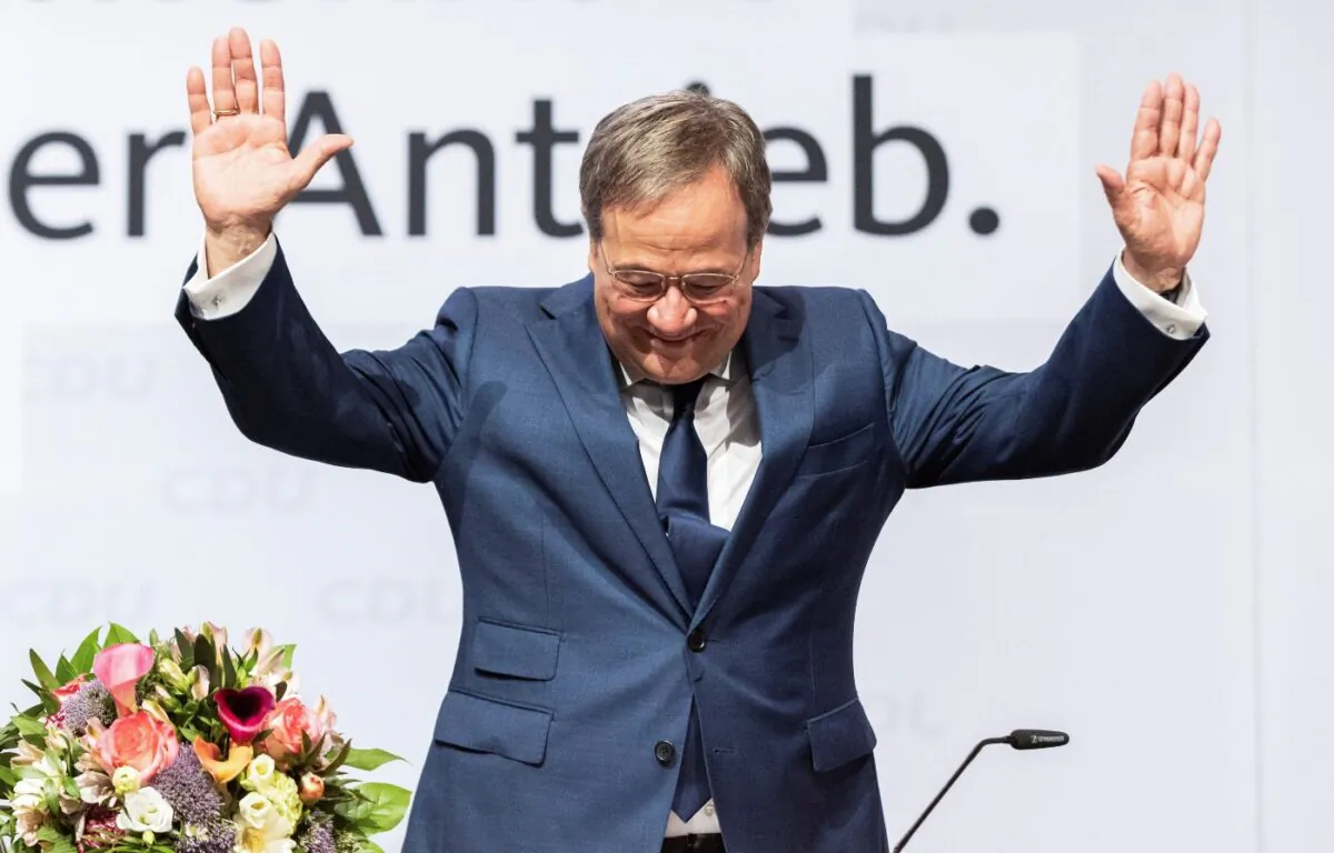 Armin Laschet, State Premier of North-Rhine Westphalia and a leader of the Christian Democratic Union party CDU reacts during a CDU party convention in NRW's capital Duesseldorf, Germany, on June 5, 2021. (Marcel Kusch/File/Pool via Reuters)