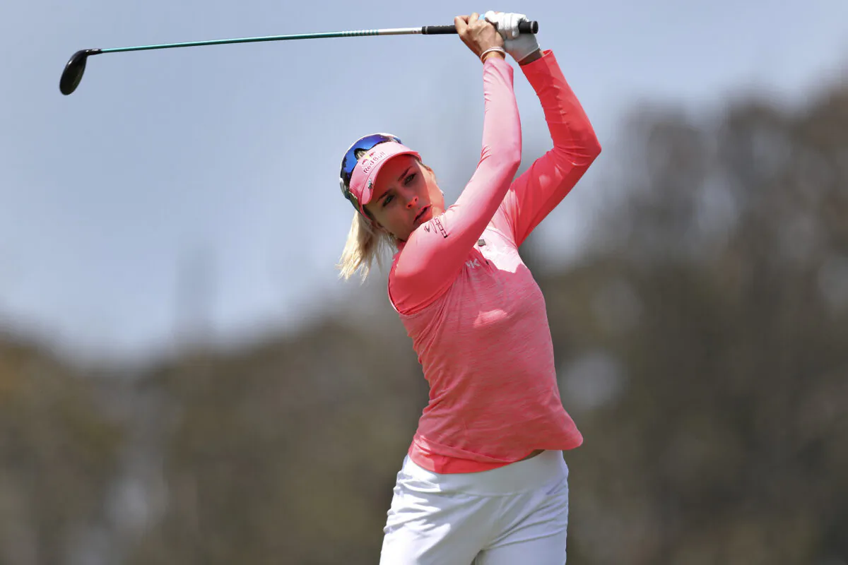 Lexi Thompson plays her shot from the second tee during the third round of the U.S. Women's Open golf tournament at The Olympic Club, in San Francisco, Calif., on June 5, 2021. (Jed Jacobsohn/AP Photo)