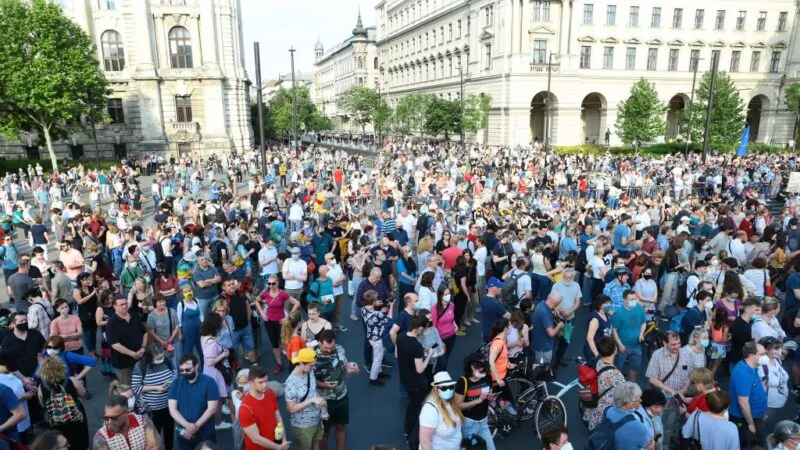 Demonstrators take part in a protest against the planned construction of Chinese Fudan university campus in Budapest, Hungary, on June 5, 2021. (Ferenc Isza/AFP via Getty Images)