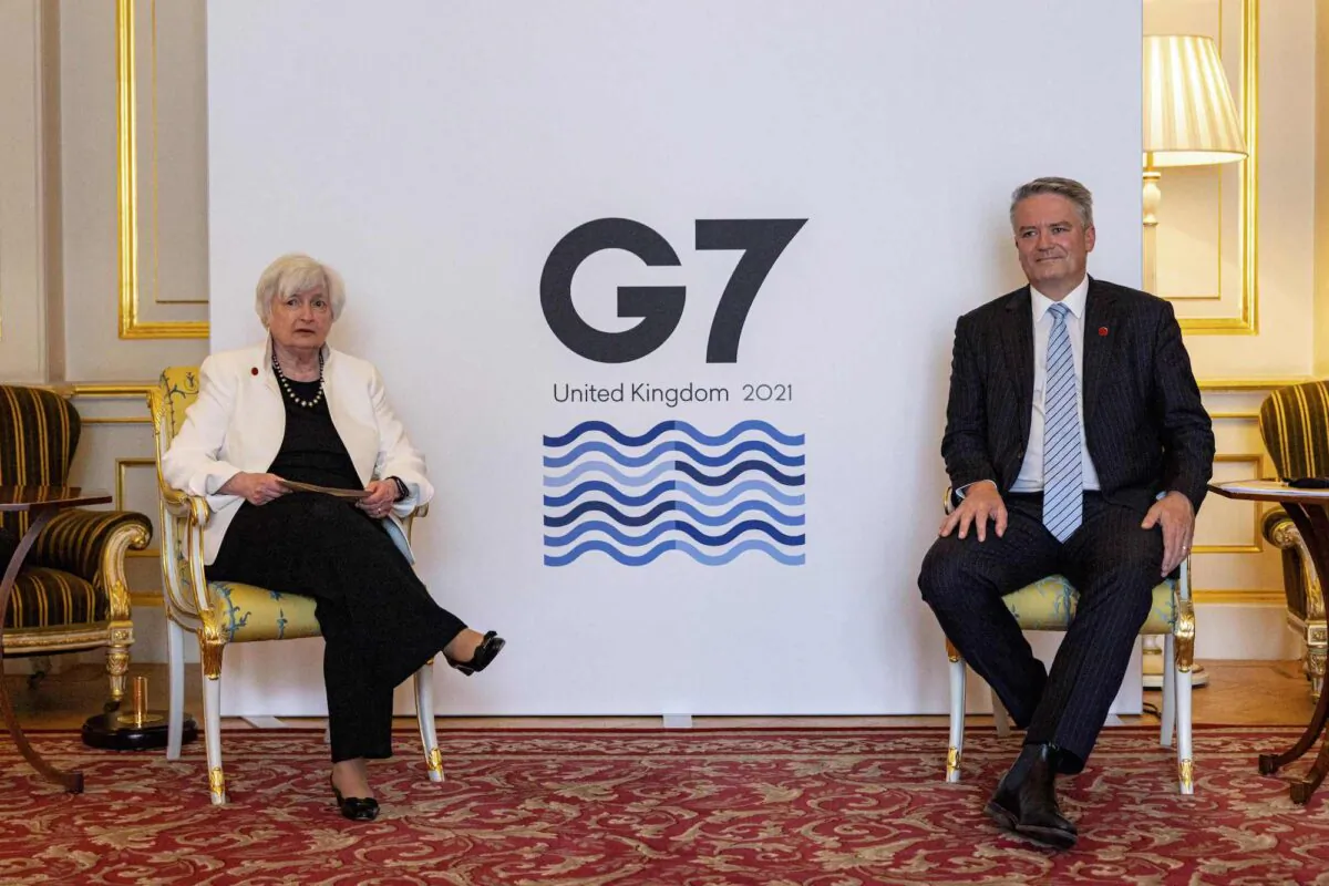 OECD Secretary General Mathias Cormann (R) meets with U.S. Treasury Secretary Janet Yellen (L) in London on June 5, 2021. (Rob Pinney/AFP via Getty Images)