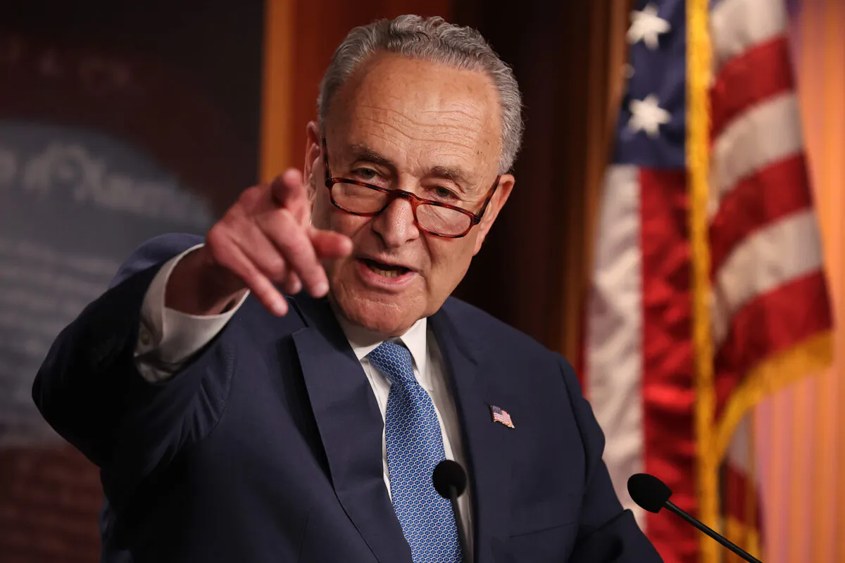 Senate Majority Leader Charles Schumer (D-N.Y.) talks to reporters at the U.S. Capitol in Washington on May 28, 2021. (Chip Somodevilla/Getty Images)