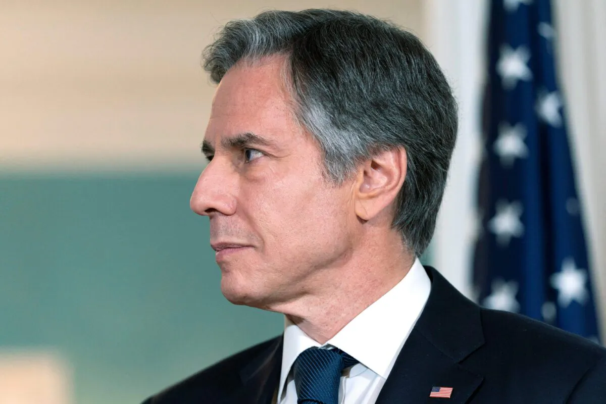 Secretary of State Antony Blinken looks on as he meets with Israel's Defense Minister Benny Gantz in Washington on June 3, 2021. (Jacquelyn Martin/Pool/AFP via Getty Images)