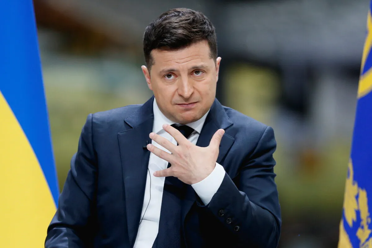 Ukraine's President Volodymyr Zelenskiy gestures during his annual news conference at the Antonov aircraft plant in Kyiv, Ukraine, on May 20, 2021. (Gleb Garanich/Reuters)