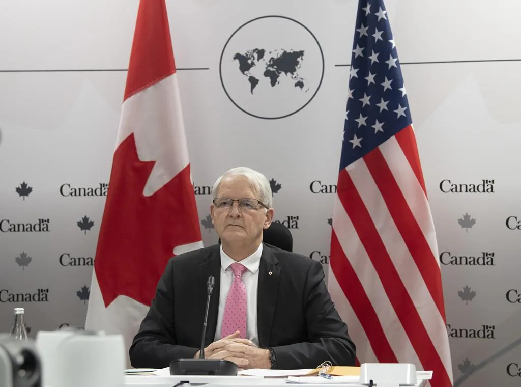 Canadian Foreign Affairs Minister Marc Garneau waits for a virtual meeting to begin with U.S. Secretary of State Antony Blinken in Ottawa on Feb. 26, 2021. (The Canadian Press/Adrian Wyld)