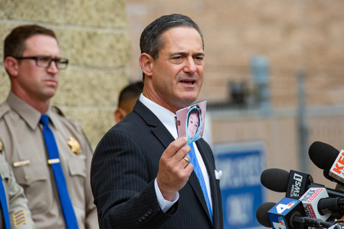 Orange County District Attorney Todd Spitzer speaks at a press conference on recent arrests related to the fatal road rage shooting of 6-year-old Aiden Leos at the California Highway Patrol offices in Santa Ana, Calif., on June 7, 2021. (John Fredricks/The Epoch Times)