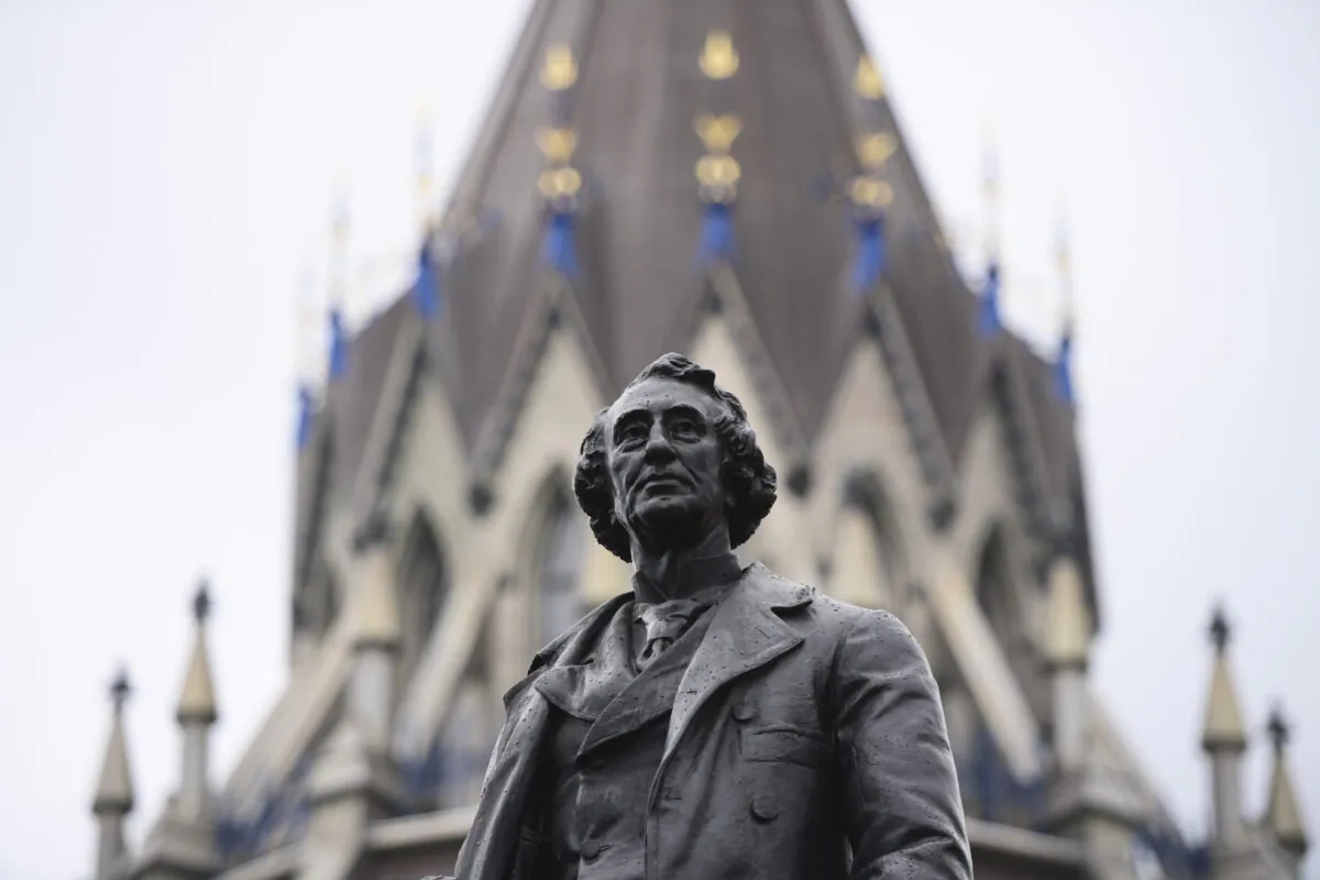 A statue of Canada’s first prime minister Sir John A. Macdonald on Parliament Hill in Ottawa on June 3, 2021. (The Canadian Press/Sean Kilpatrick)