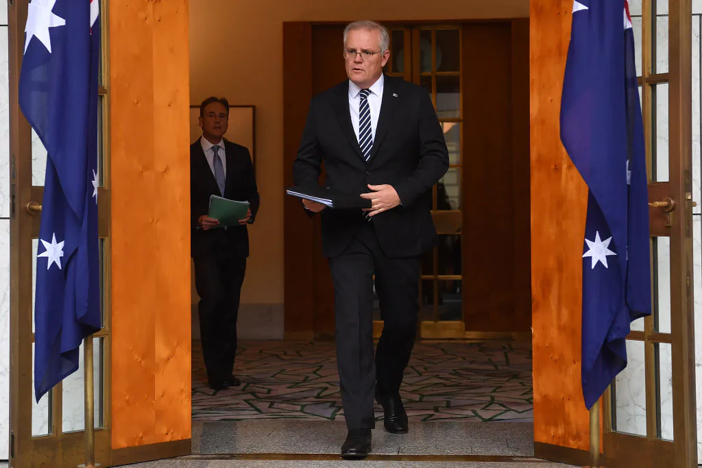 Prime Minister Scott Morrison arrives for a press conference in the Prime Minister's Courtyard at Parliament House on June 4, 2021, in Canberra, Australia. (Sam Mooy/Getty Images)