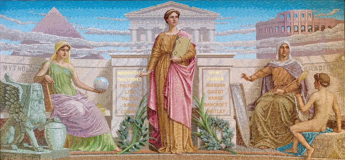 This mosaic by Frederick Dielman shows History in the center, holding a pen and a book. The figure on the left, holding a globe, is Mythology; the figure on the left represents medieval legends and folk tales. House Members Room, Library of Congress Thomas Jefferson Building, Washington. (Public domain)