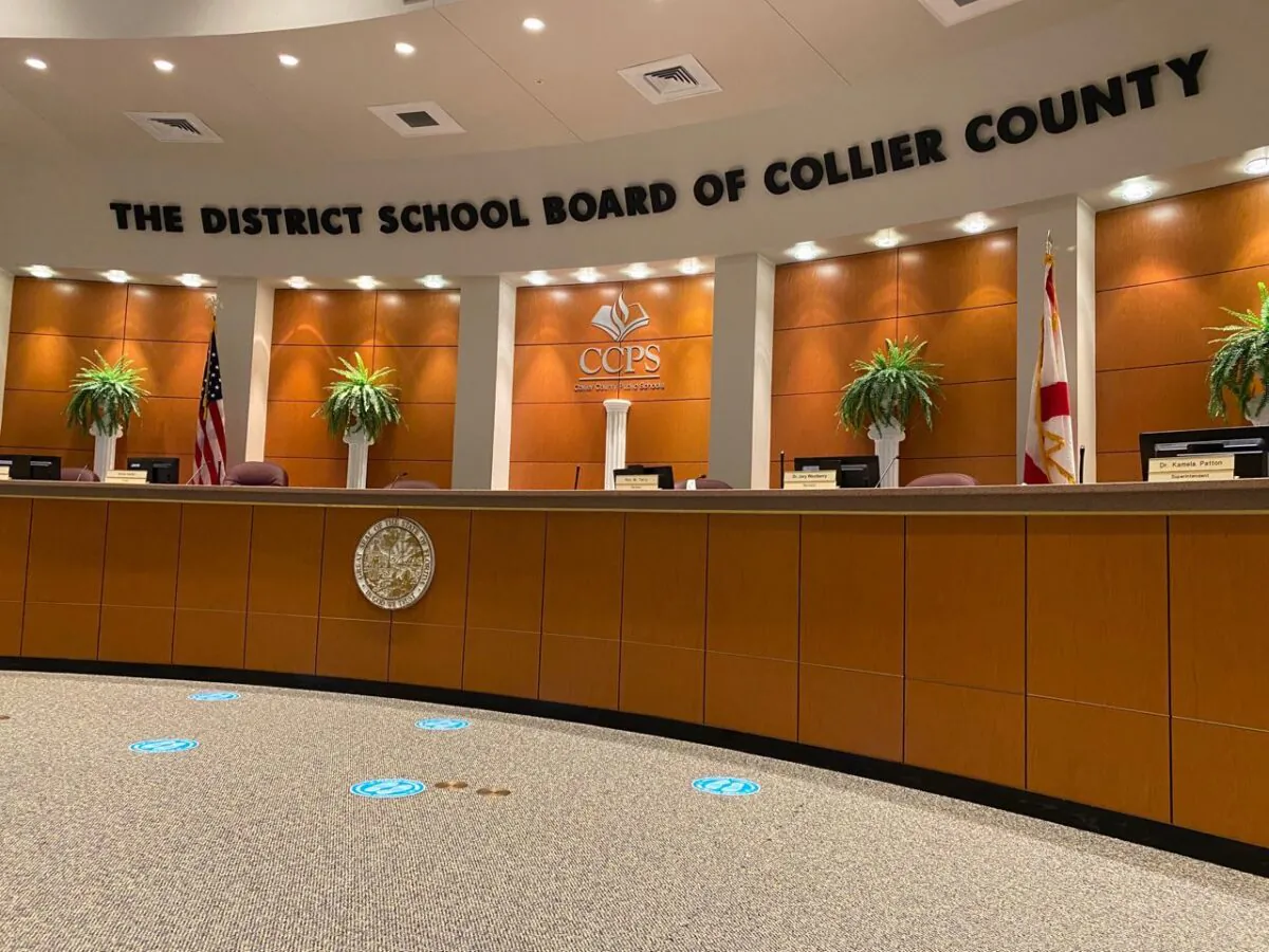 Awaiting the members of the Collier County School Board to convene the hearing regarding textbooks being considered for adoption for use in the district’s classrooms, on May 7, 2021. (Patricia Tolson/The Epoch Times)
