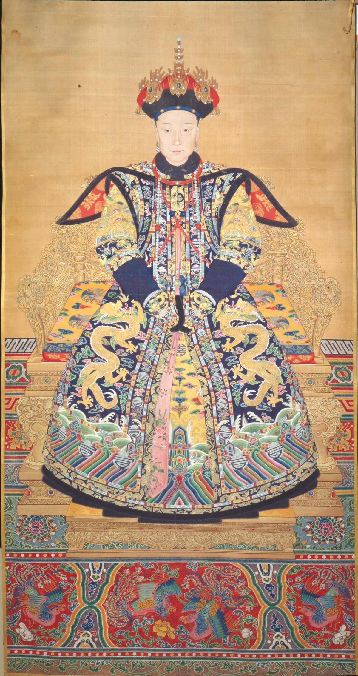 Court painting workshop, Beijing, China
Portrait of an empress, possibly Xiaoxianchun, wife of Emperor Qianlong
Ink and color on silk
108 1/4 x 51 9/16 inches (275 x 131 cm)
Gift of Mrs. Elizabeth Sturgis Hinds, 1956.
(Peabody Essex Museum)