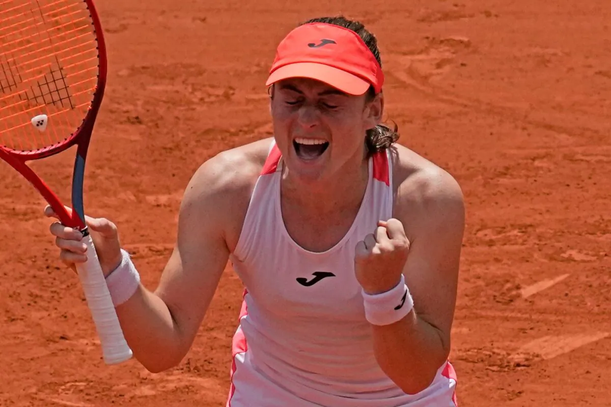 Slovenia's Tamara Zidansek clelebrates as she defeats Spain's Paula Badosa during their quarterfinal match of the French Open tennis tournament at the Roland Garros stadium, in Paris on June 8, 2021. (Christophe Ena/AP Photo)