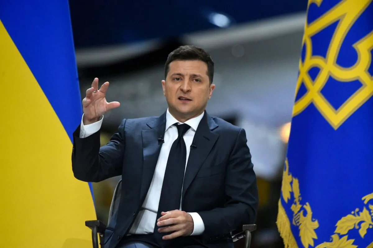 Ukrainian President Volodymyr Zelensky holds a press conference at the Antonov aircraft manufacturing plant in Kiev, on May 20, 2021. (Sergei Supinsky/AFP via Getty Images)