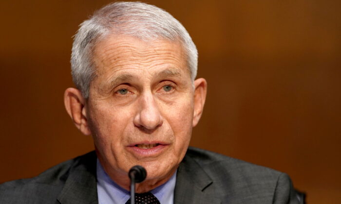 Dr. Anthony Fauci, director of the National Institute of Allergy and Infectious Diseases, gives an opening statement during a Senate Health, Education, Labor and Pensions Committee hearing to discuss the on-going federal response to COVID-19, at the U.S. Capitol in Washington on May 11, 2021. (Greg Nash/Pool via Reuters)