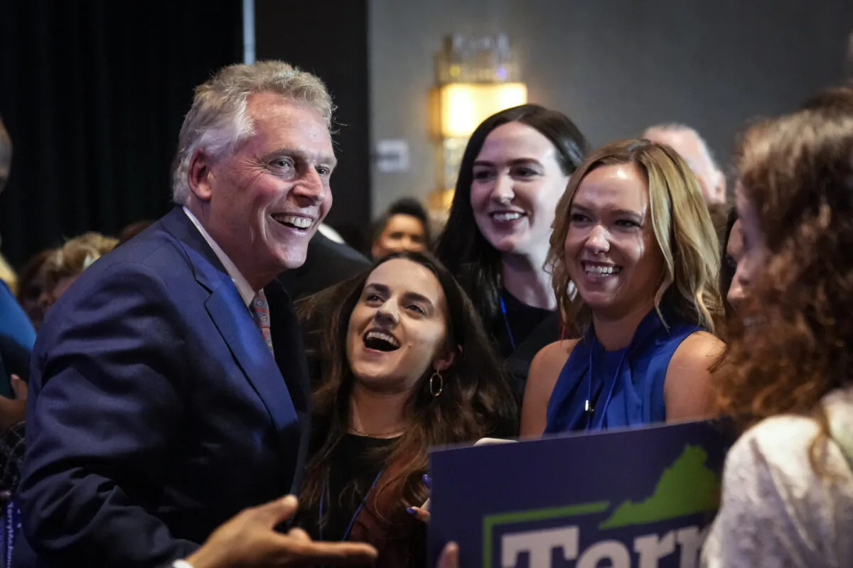 Virginia gubernatorial candidate Terry McAuliffe, a Democrat, greets supporters after speaking during an election night event after winning the Democratic primary for governor in McLean, Va., on June 8, 2021. (Drew Angerer/Getty Images)