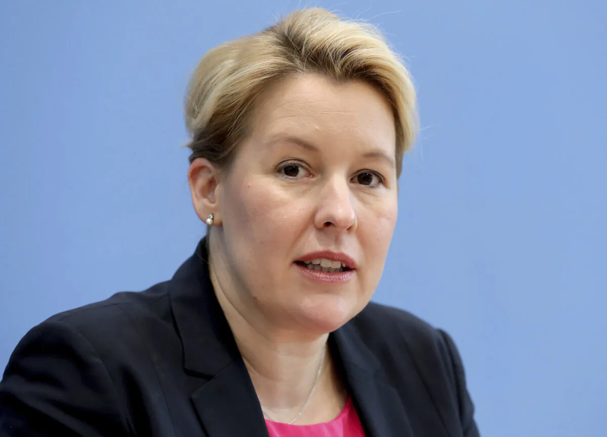 Franziska Giffey, the then German Minister for Family Affairs, Senior Citizens, Women, and Youth, speaks during a joint press conference with German Health Minister Jens Spahn in Berlin, Germany, on Oct.16, 2020. (Michael Sohn/AP Photo)