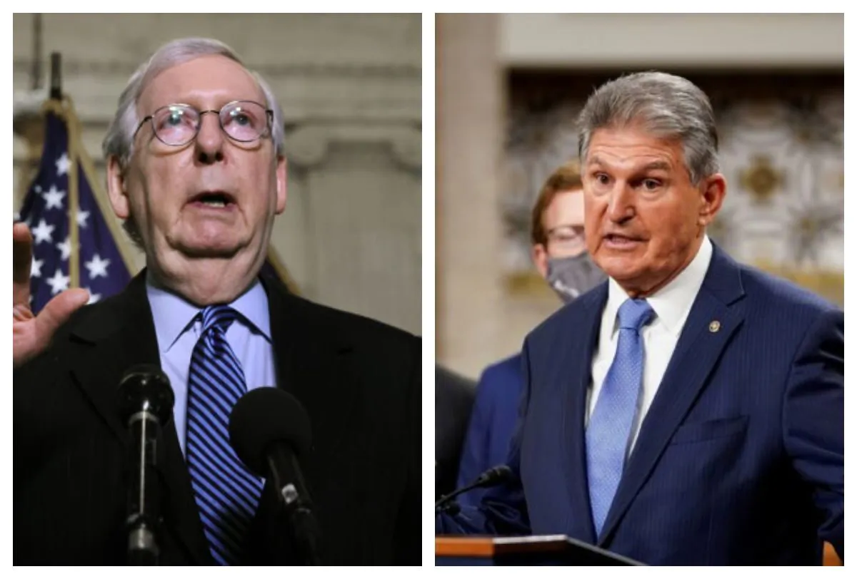 Senate Minority Leader Mitch McConnell (R-Ky.) and Sen. Joe Manchin (D-W.Va.). (Chip Somodevilla/Getty Images; Kevin Lamarque/Reuters)