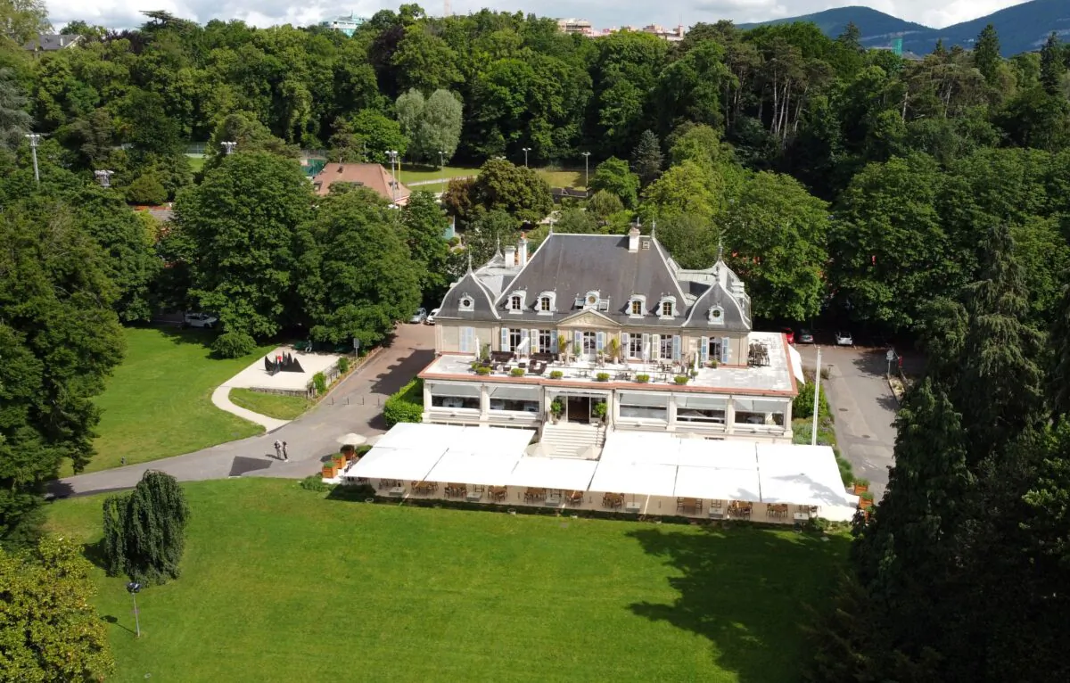This picture taken with a drone shows the Hotel Restaurant des Aux-Vives is pictured in the Eaux-Vives Parc next to La Grange ahead of the June 16 summit between U.S. President Joe Biden and Russian President Vladimir Putin in Geneva, Switzerland, on June 8, 2021. (Denis Balibouse/Reuters)