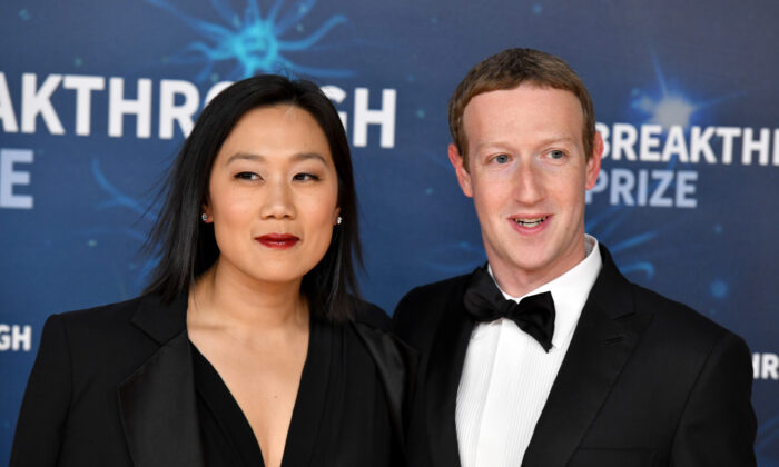 Priscilla Chan and Mark Zuckerberg attend the 2020 Breakthrough Prize Red Carpet at NASA Ames Research Center in Mountain View, Calif., on Nov. 3, 2019. (Ian Tuttle/Getty Images  for Breakthrough Prize)