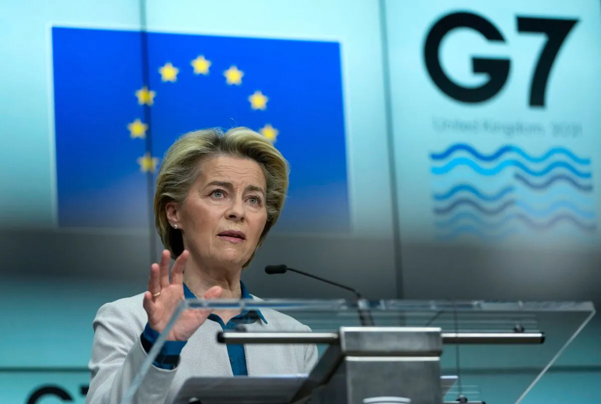 European Commission President Ursula von der Leyen speaks during a joint press conference with European Council President ahead of the G7 summit, at the EU headquarters in Brussels on June 10, 2021. (Francisco Seco /Pool/AFP via Getty Images)