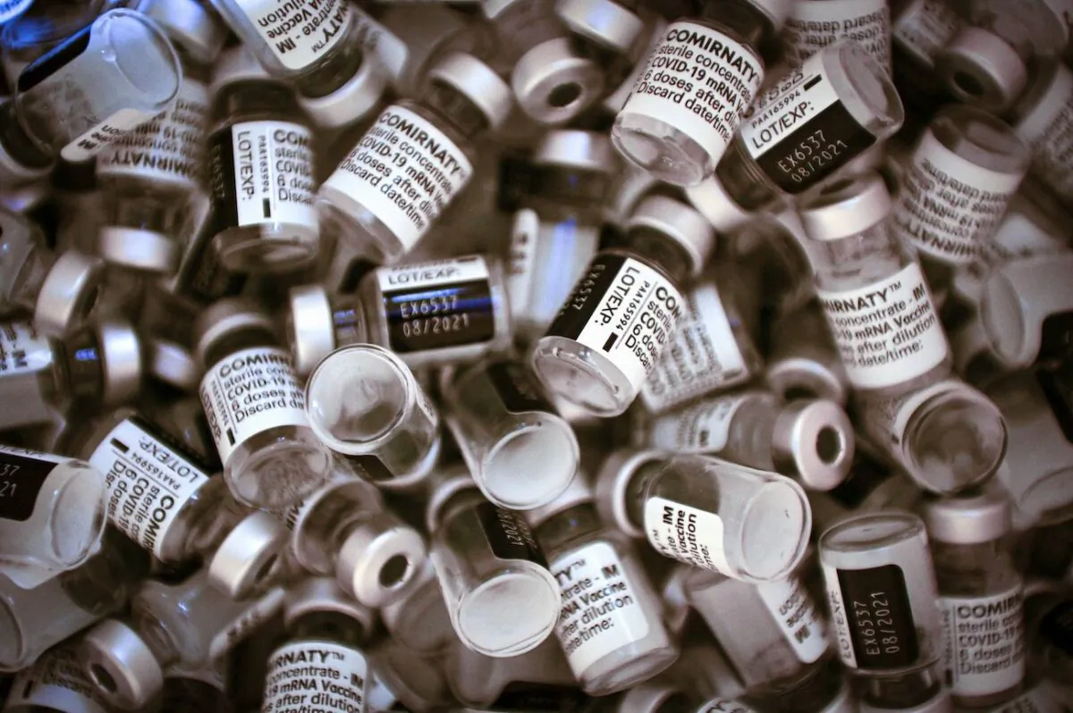 Vials of Pfizer-BioNTech vaccine at a Covid-19 vaccination center in Paris, on May 8, 2021. (Martin Bureau/AFP via Getty Images)