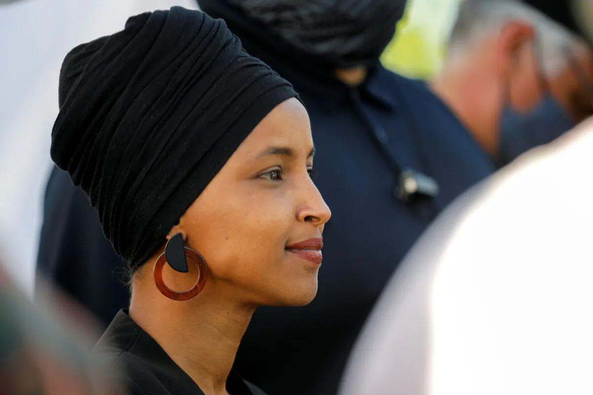 Rep Ilhan Omar (D-Minn.) attends a concert at the George Floyd Square on the first anniversary of Floyd's death, in Minneapolis, Minn., on May 25, 2021. (Nicholas Pfosi/Reuters)