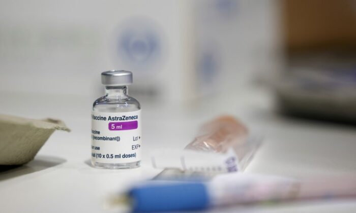 A vial of AstraZeneca coronavirus vaccine is seen at a vaccination centre in Westfield Stratford City shopping centre, amid the outbreak of COVID-19 disease in London, Britain, on Feb. 18, 2021. (Henry Nicholls/Reuters)